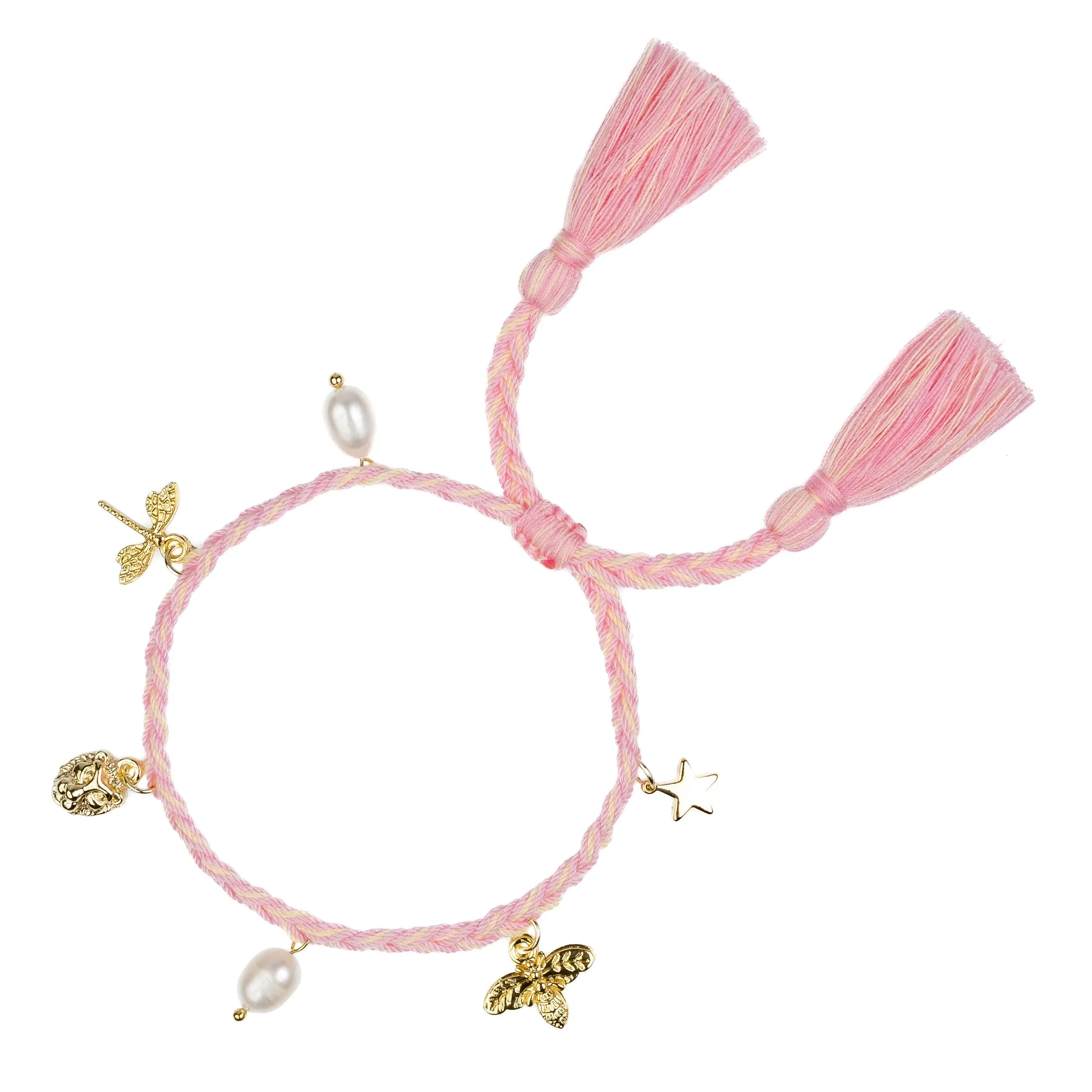 WOVEN FRIENDSHIP BRACELET W/CHARMS BUBBLEGUM PINK & PALE YELLOW MIX sold by DARK Department