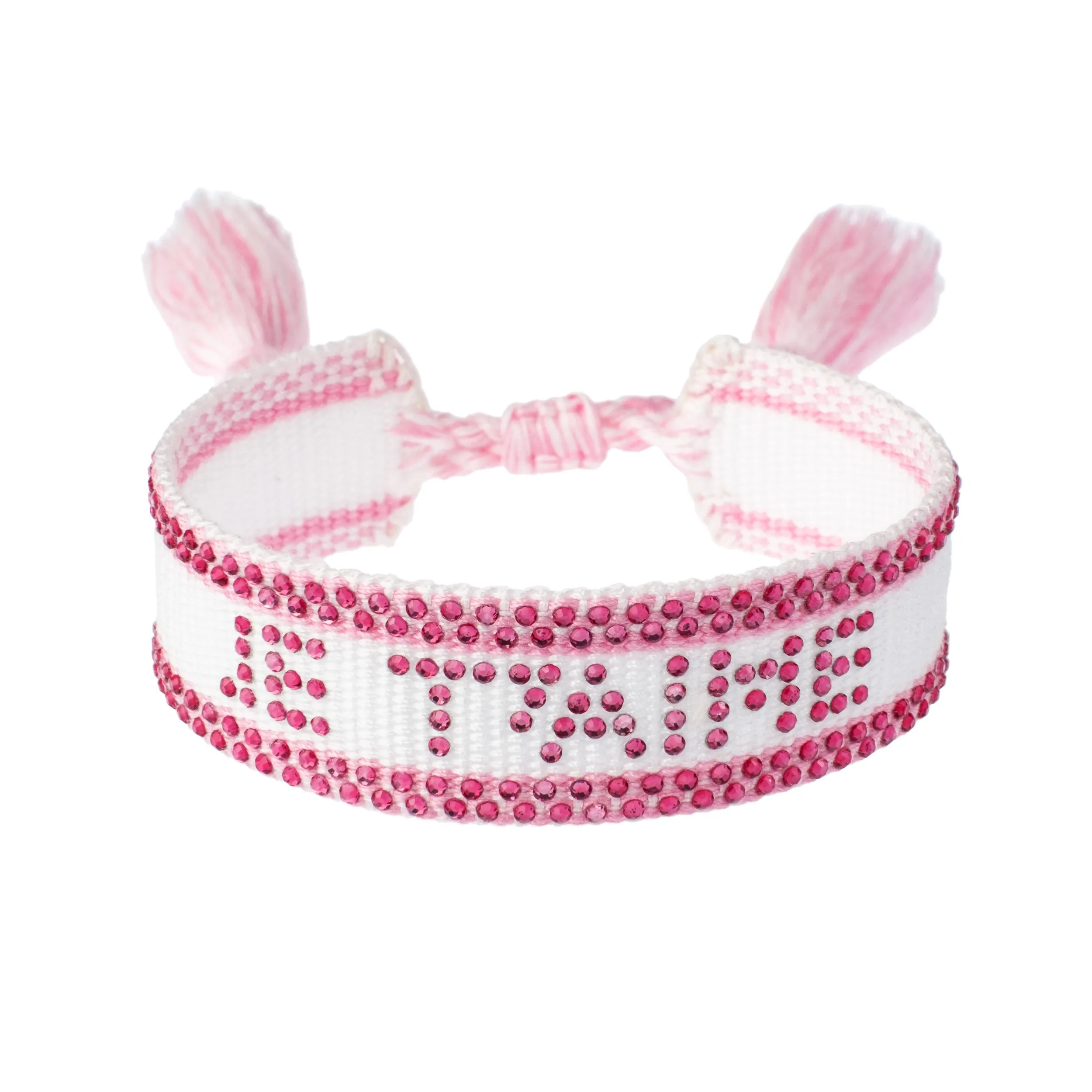 WOVEN FRIENDSHIP BRACELET W/CRYSTALS "JE T`AIME" WHITE W/BUBBLEGUM PINK sold by DARK Department