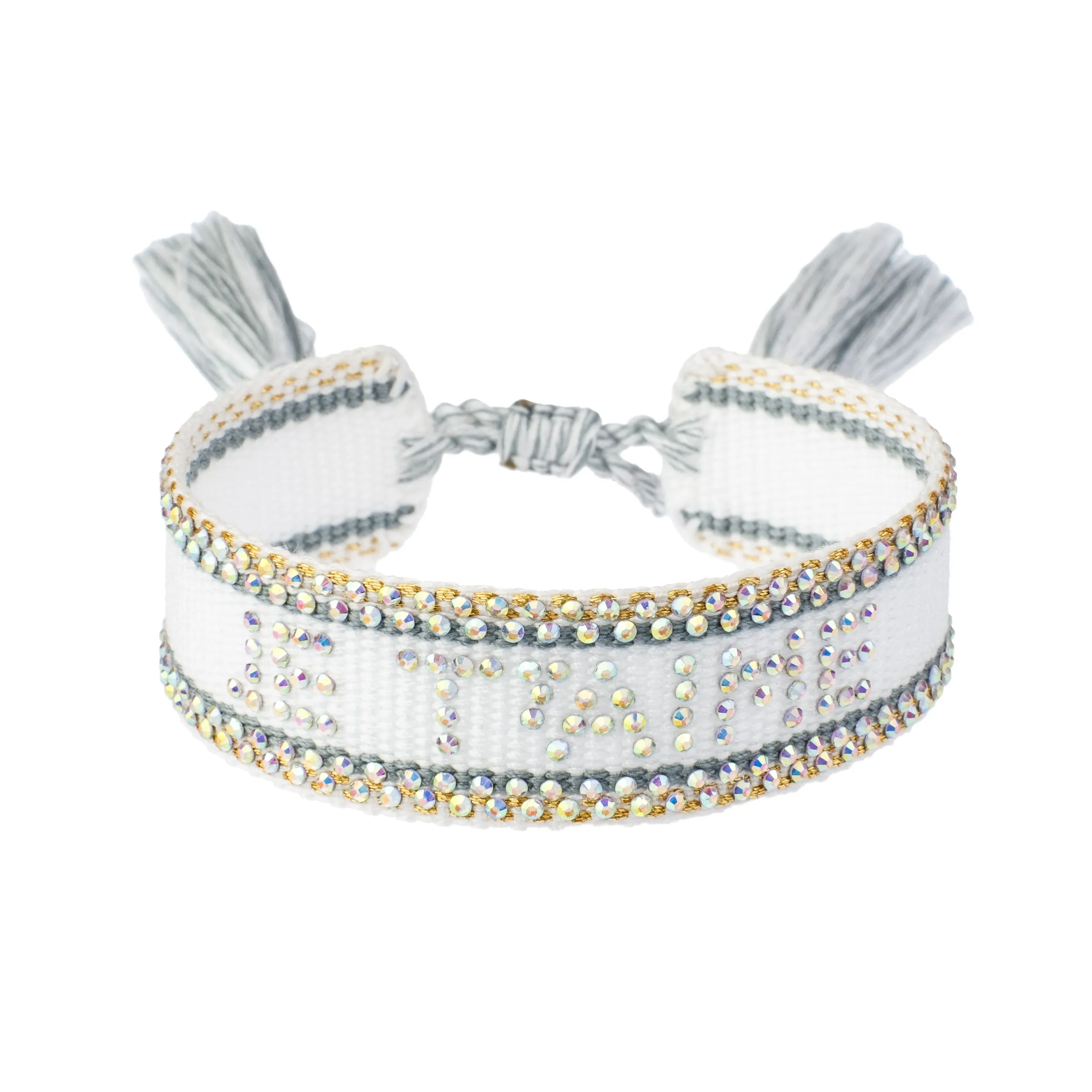 WOVEN FRIENDSHIP BRACELET W/CRYSTALS "JE T`AIME" WHITE W/TEAL sold by DARK Department