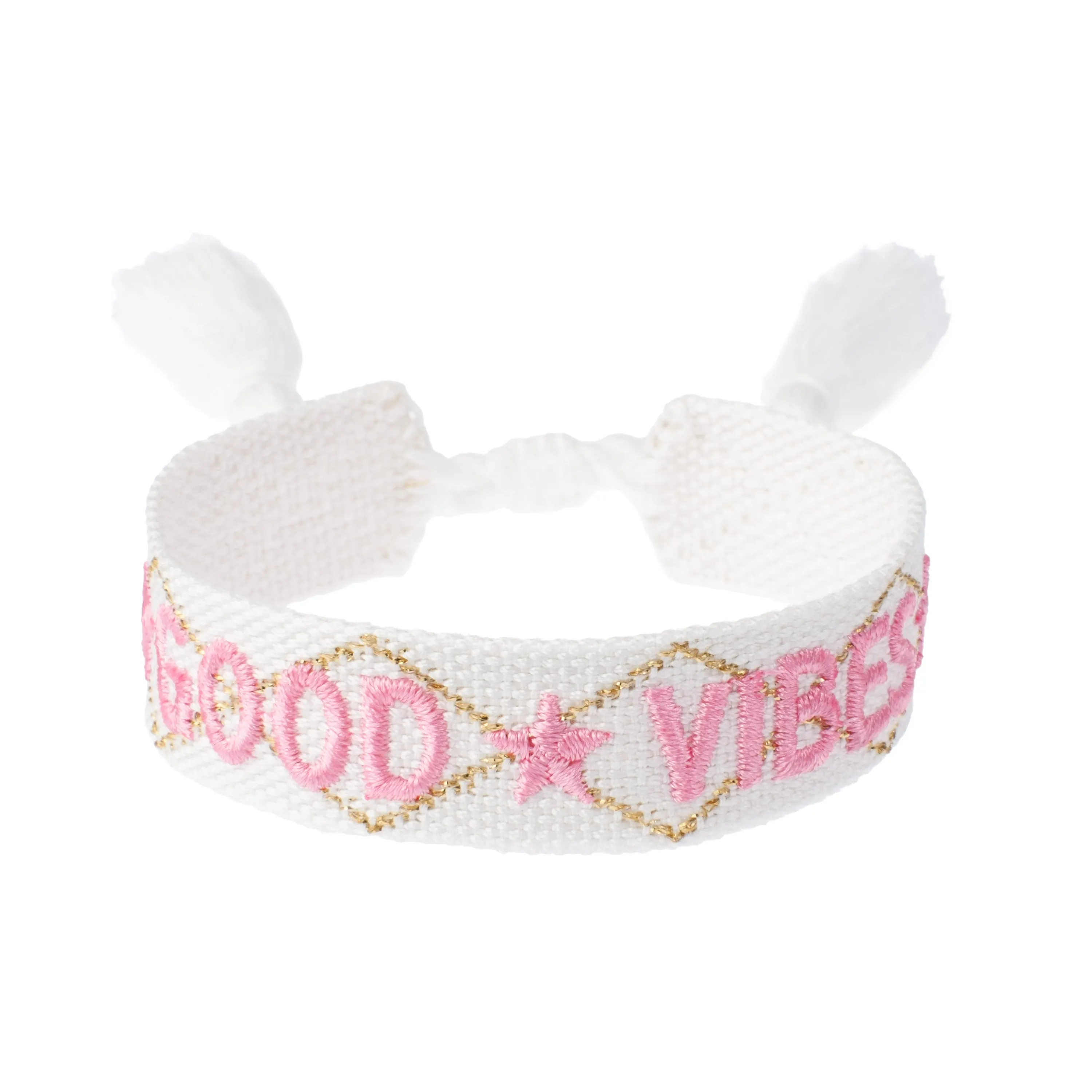 WOVEN FRIENDSHIP BRACELET "GOOD VIBES" WHITE W/BUBBLEGUM PINK sold by DARK Department
