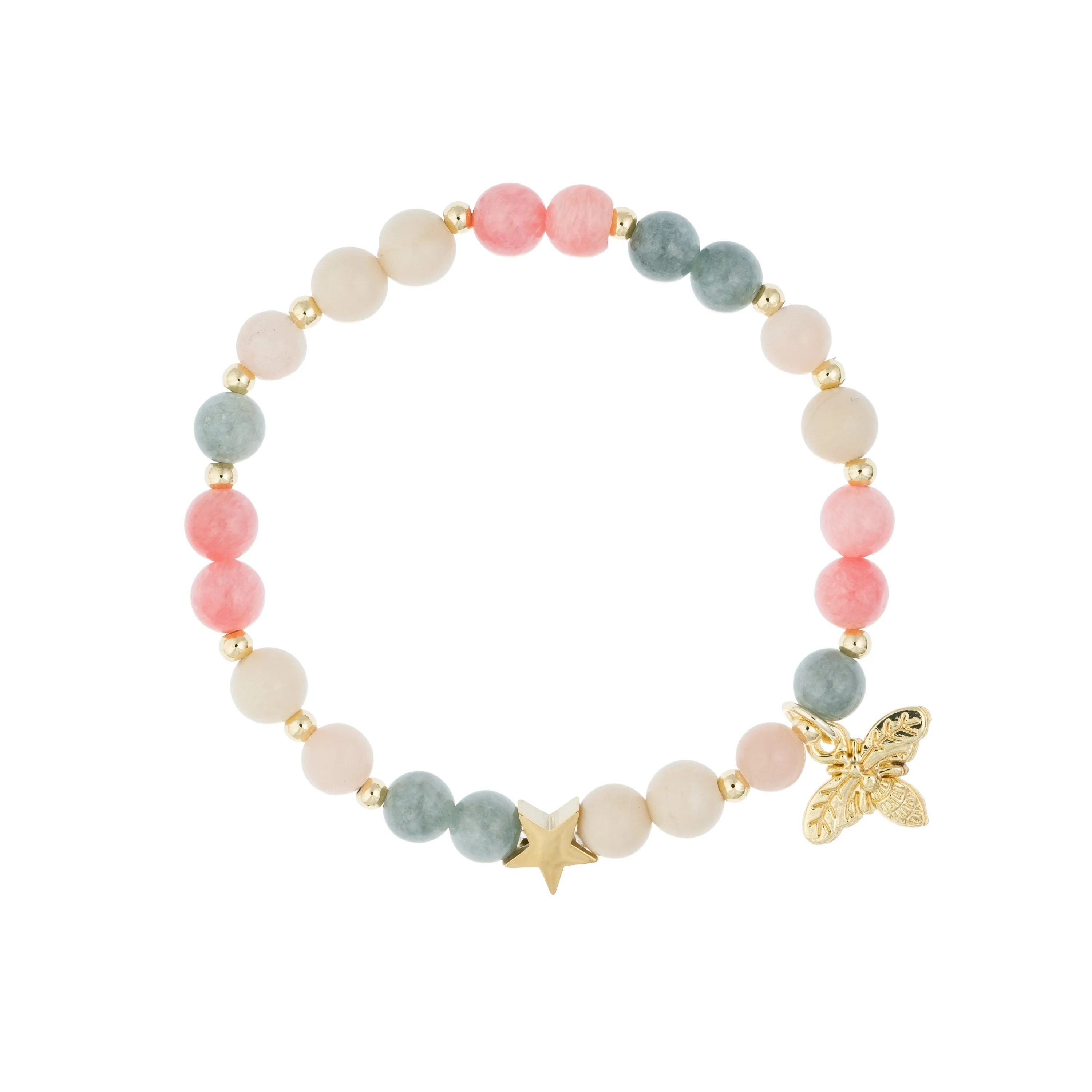 STONE BEAD BRACELET 6 MM W/GOLD BEADS & CHARM ROSE & AQUAMARINE MIX sold by DARK Department