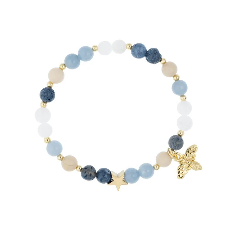 STONE BEAD BRACELET 6 MM W/GOLD BEADS & CHARM BLUE & SAND MIX sold by DARK Department