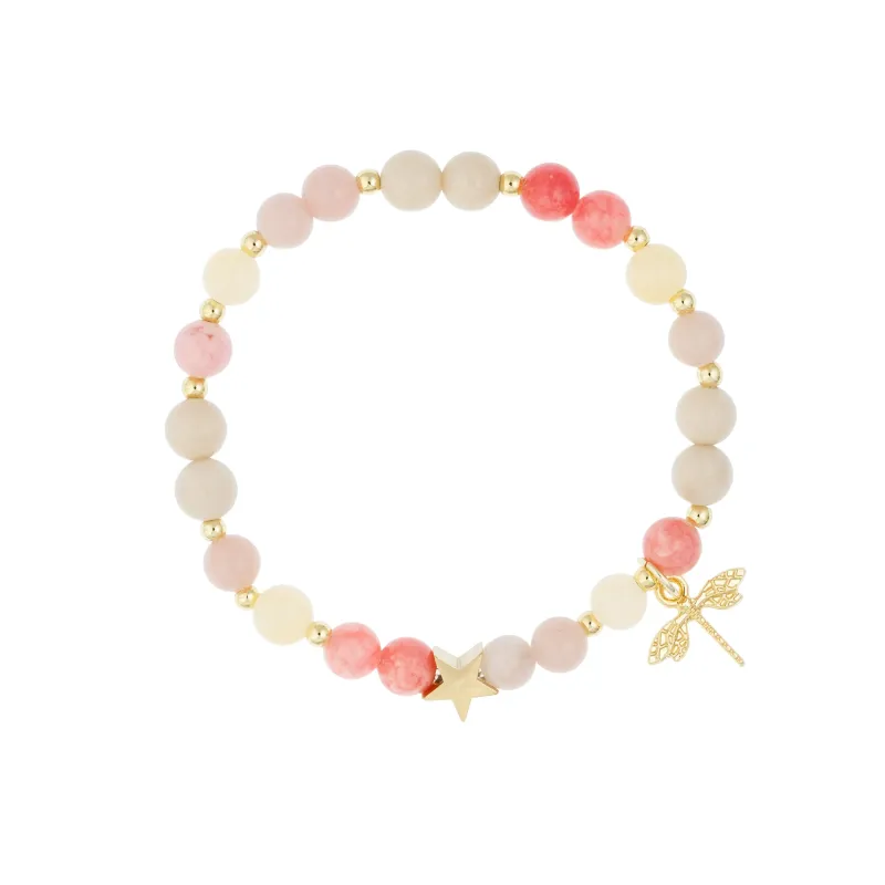STONE BEAD BRACELET 6 MM W/GOLD BEADS & CHARM PINK & YELLOW MIX sold by DARK Department