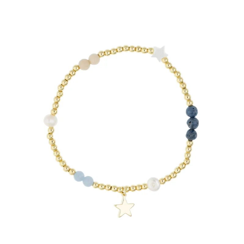 METAL BEAD BRACELET W/STONE BEADS & PEARLS BLUE & SAND MIX sold by DARK Department