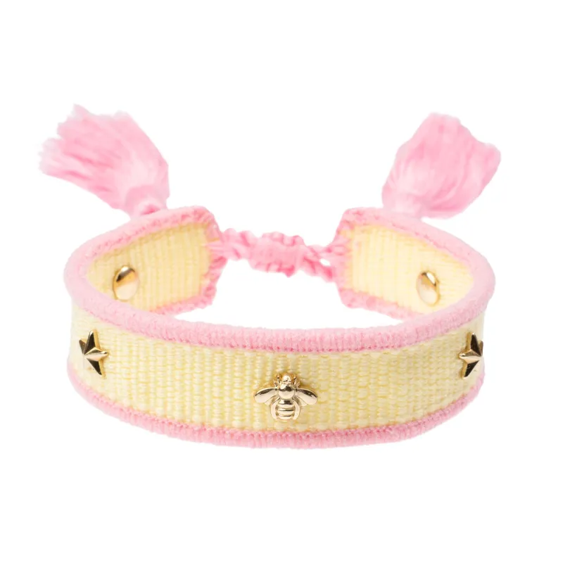 WOVEN FRIENDSHIP BRACELET THIN W/SIGN STUDS Pale Yellow & Bubblegum Pink sold by DARK Department