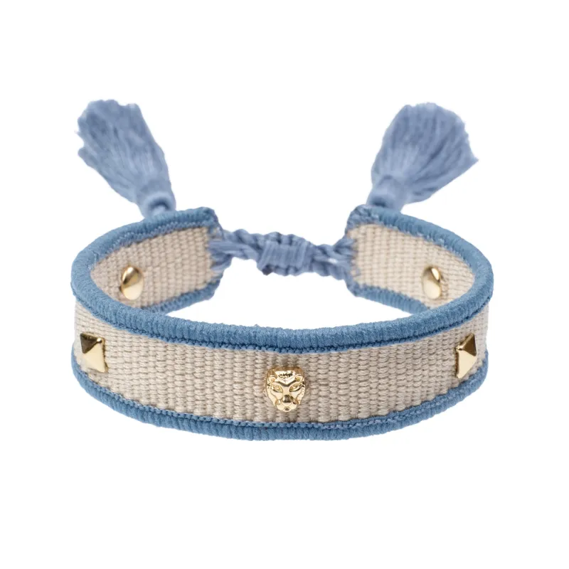 WOVEN FRIENDSHIP BRACELET THIN W/SIGN STUDS Sand & Light Blue sold by DARK Department