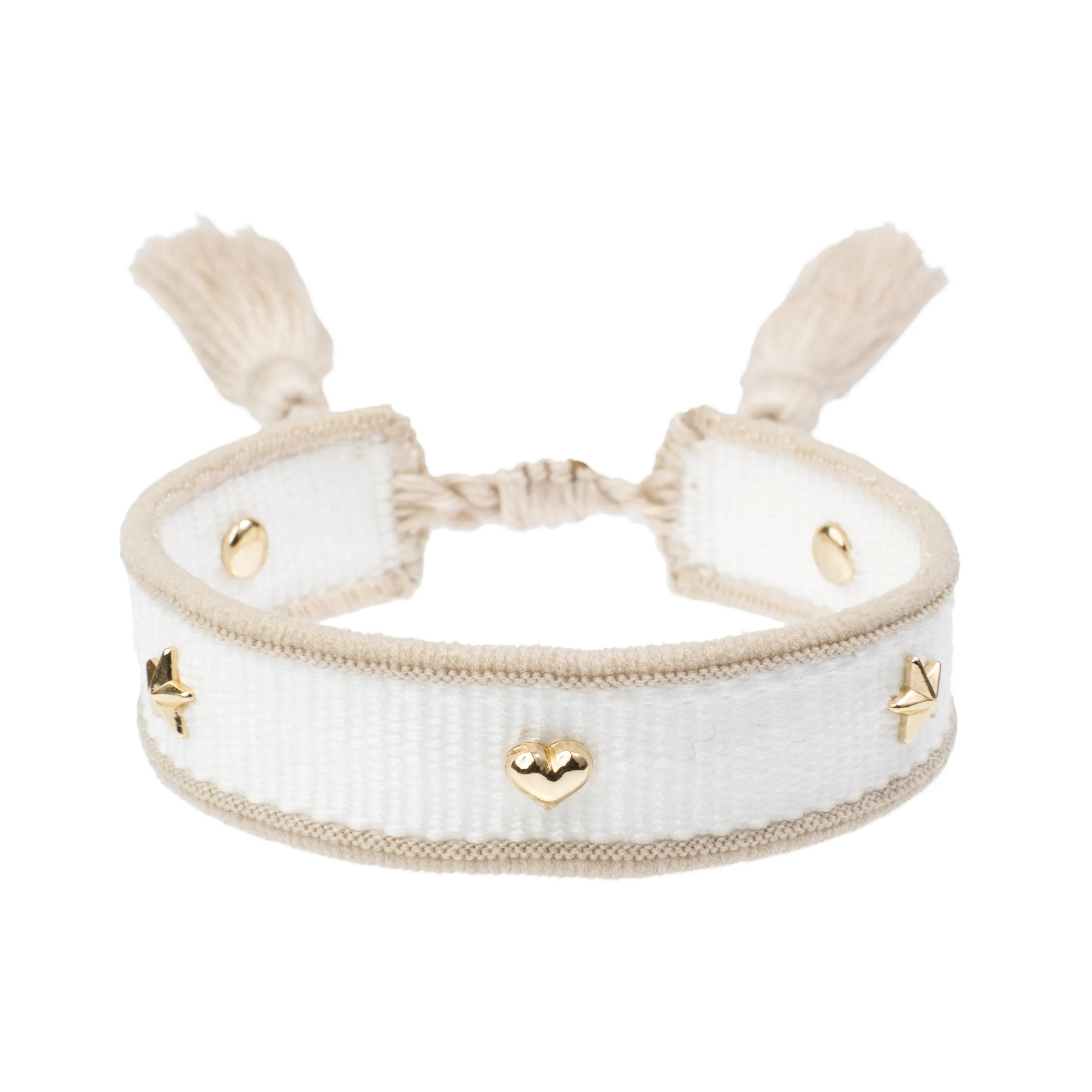 WOVEN FRIENDSHIP BRACELET THIN W/SIGN STUDS White & Sand sold by DARK Department