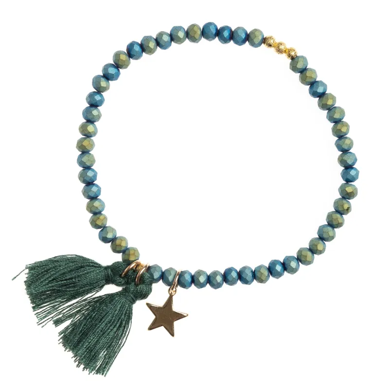 CRYSTAL BEAD BRACELET 4 MM W/TASSEL MALLARD GREEN MATTE sold by DARK Department