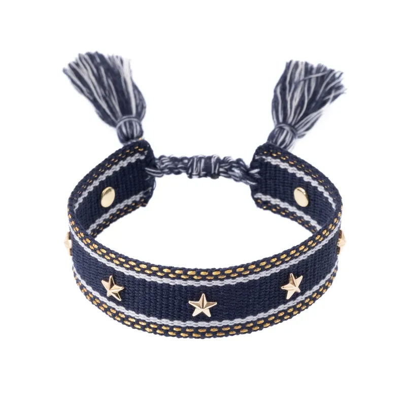 WOVEN FRIENDSHIP BRACELET W/STAR STUDS NAVY BLUE W/GOLD sold by DARK Department