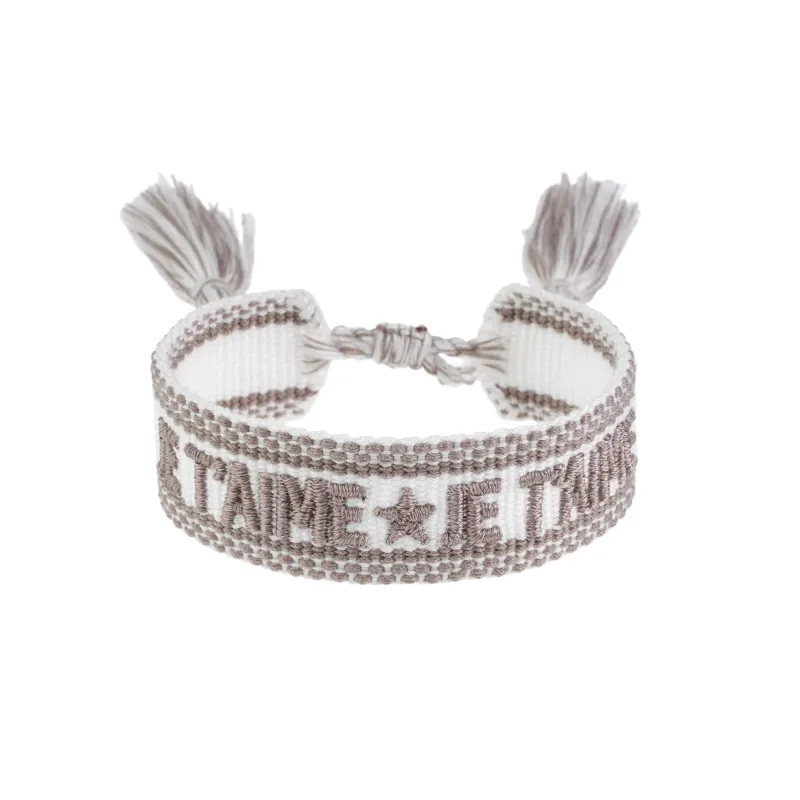 WOVEN FRIENDSHIP BRACELET - "Je T´aime" White W/Warm Taupe sold by DARK Department