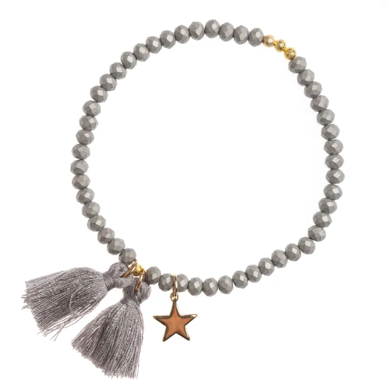 CRYSTAL BEAD BRACELET 4 MM W/TASSEL DUSTY GREY MATTE sold by DARK Department