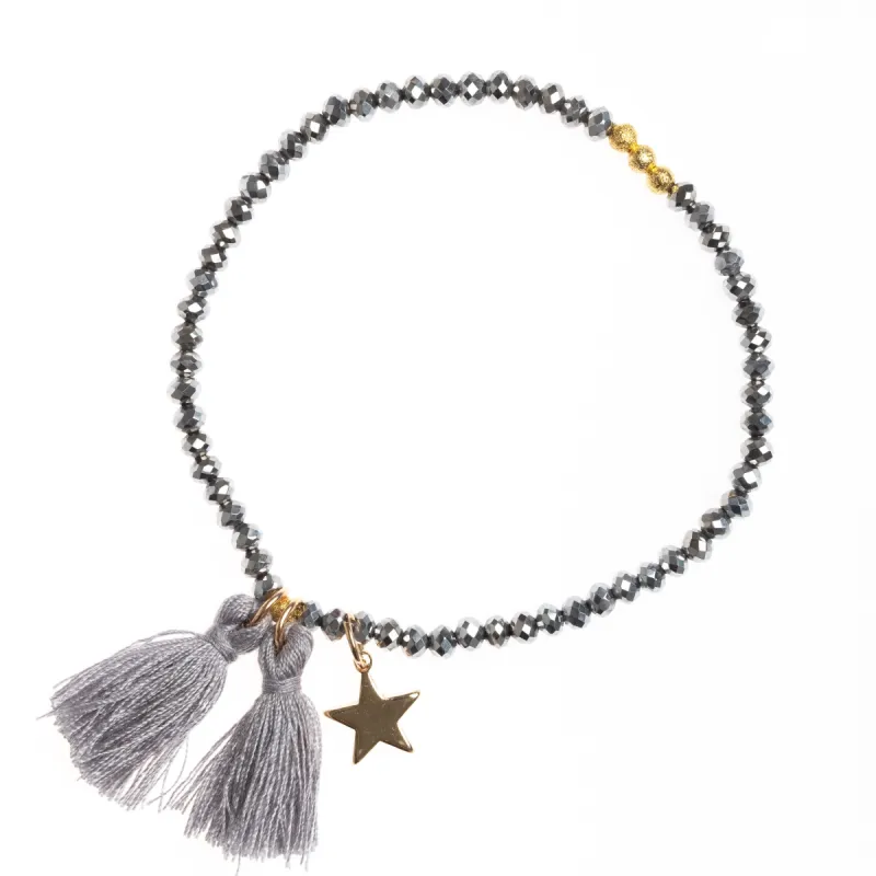 CRYSTAL BEAD BRACELET 3 MM W/TASSEL GREY sold by DARK Department