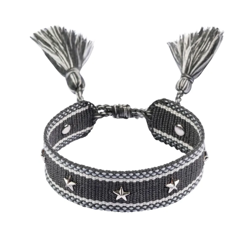 WOVEN FRIENDSHIP BRACELET W/STAR STUDS DARK GREY W/SILVER sold by DARK Department