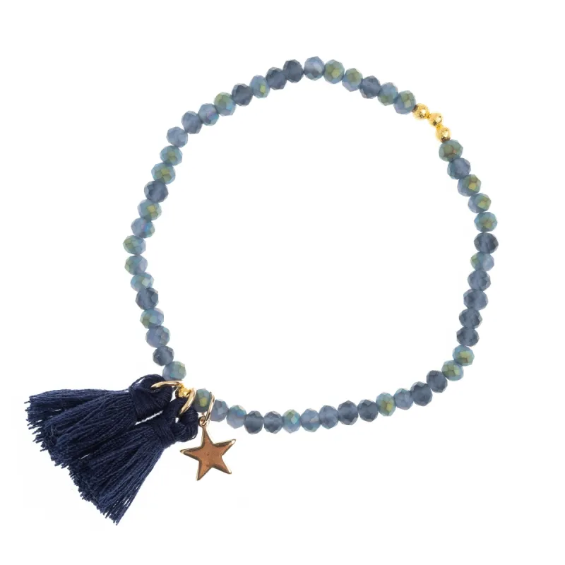 CRYSTAL BEAD BRACELET 4 MM W/TASSEL MATTE STONE BLUE sold by DARK Department