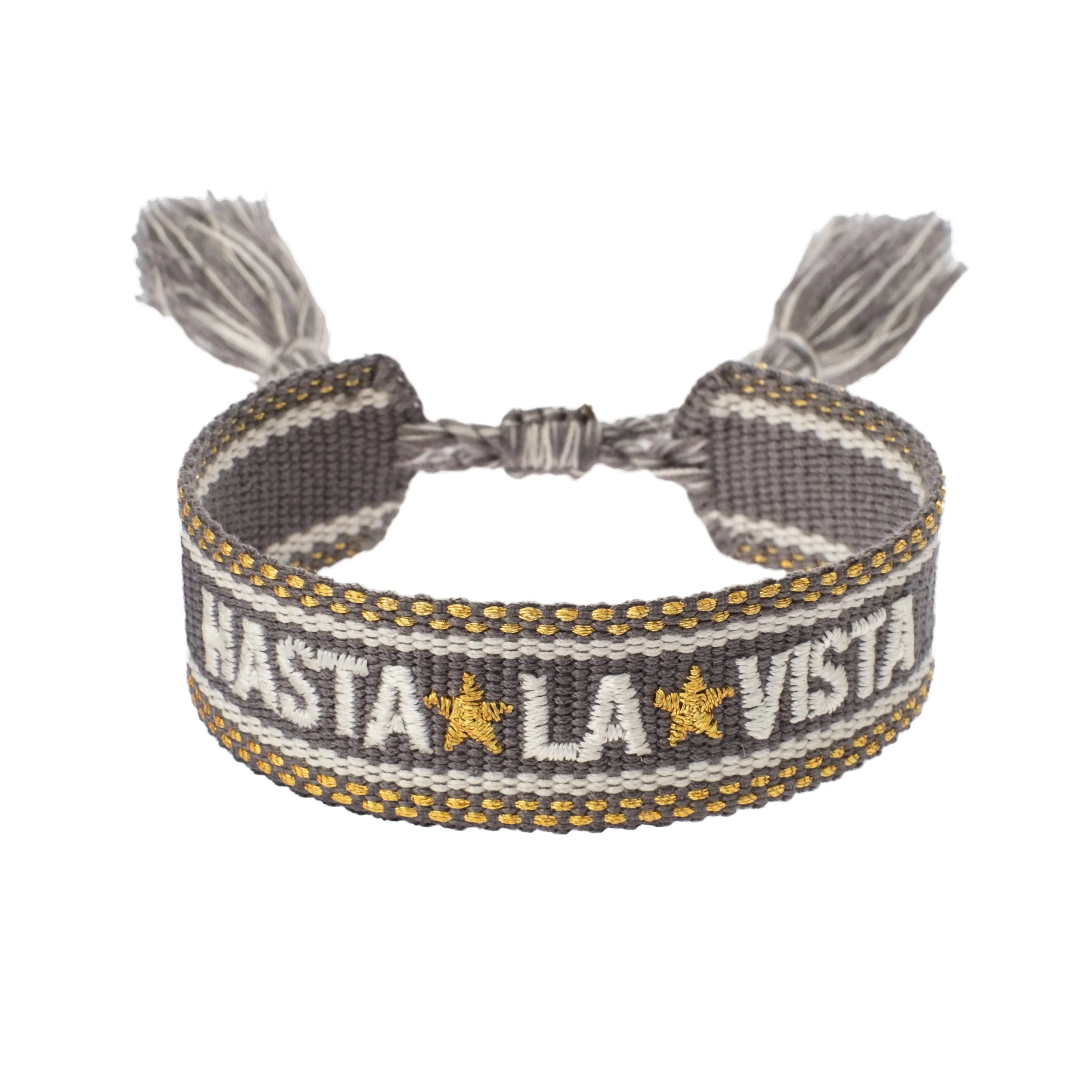 WOVEN FRIENDSHIP BRACELET "Hasta La Vista" Grey W/Gold sold by DARK Department