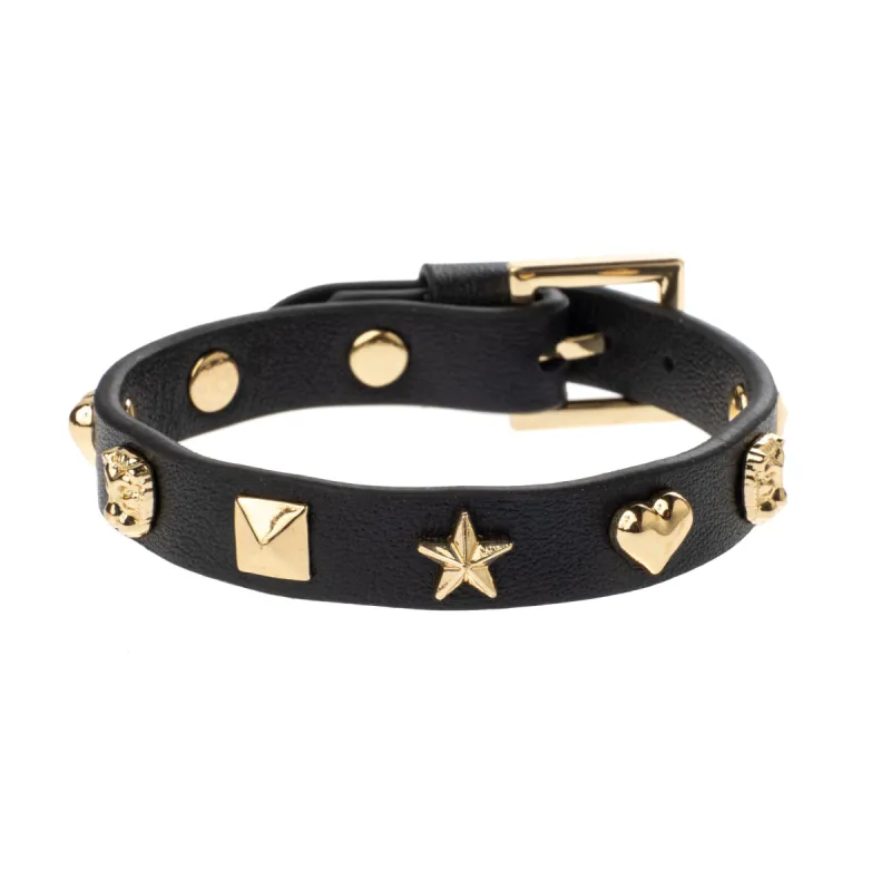 LEATHER SIGN STUD BRACELET BLACK sold by DARK Department