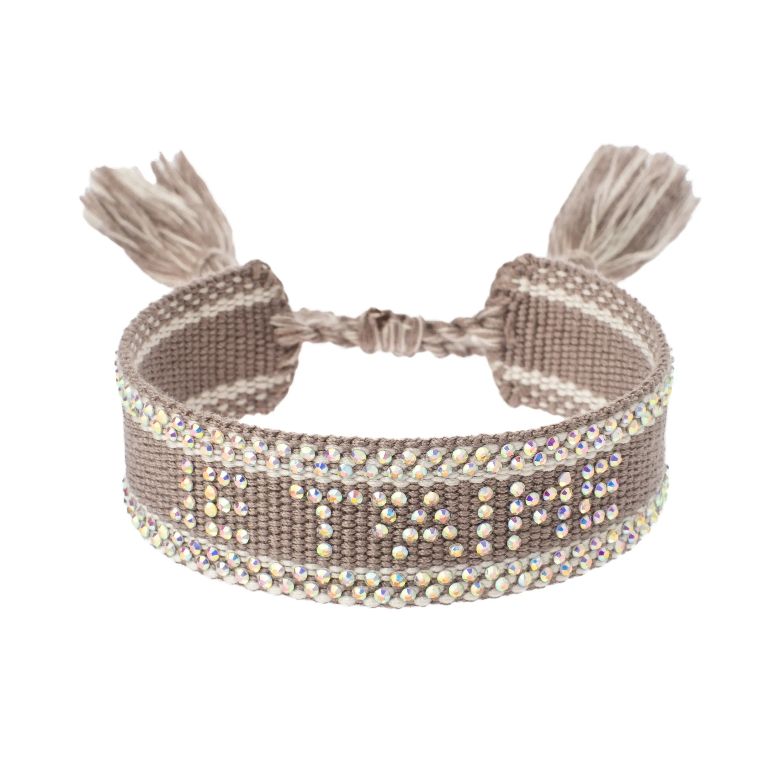WOVEN FRIENDSHIP BRACELET W/CRYSTALS "Je T'aime" Taupe sold by DARK Department