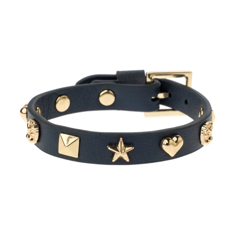 LEATHER SIGN STUD BRACELET NAVY BLUE sold by DARK Department