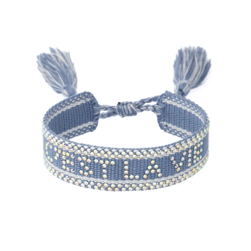 WOVEN FRIENDSHIP BRACELET W/CRYSTALS "C'est La Vie" Light Blue sold by DARK Department