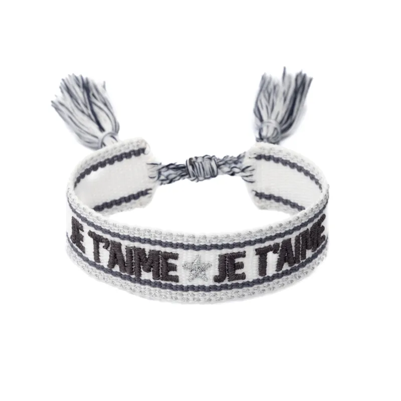 WOVEN FRIENDSHIP BRACELET "Je T'aime" White W/Steel Blue & Silver sold by DARK Department
