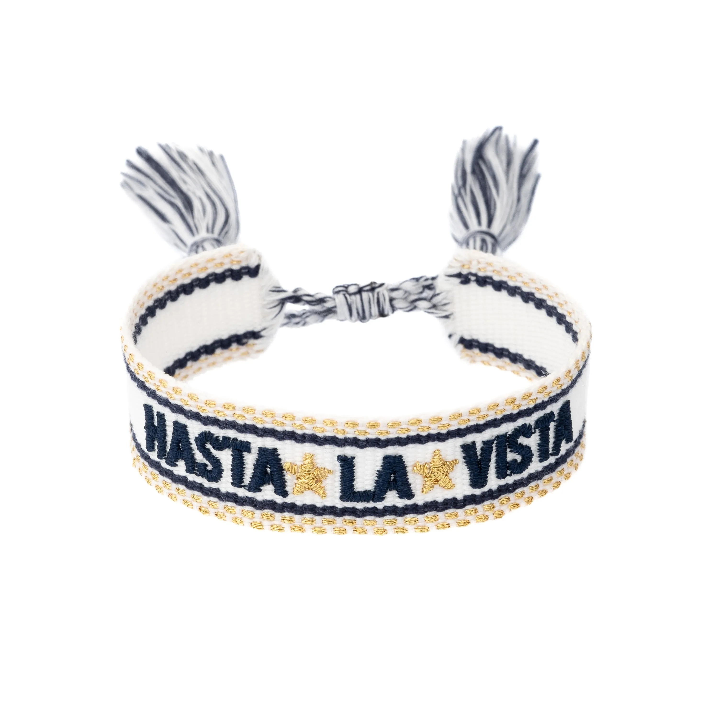 WOVEN FRIENDSHIP BRACELET "Hasta La Vista" White W/Navy Blue & Gold sold by DARK Department