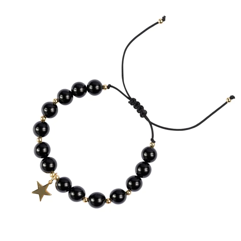 STONE BEAD BRACELET 8 MM SHINY BLACK W/GOLD sold by DARK Department