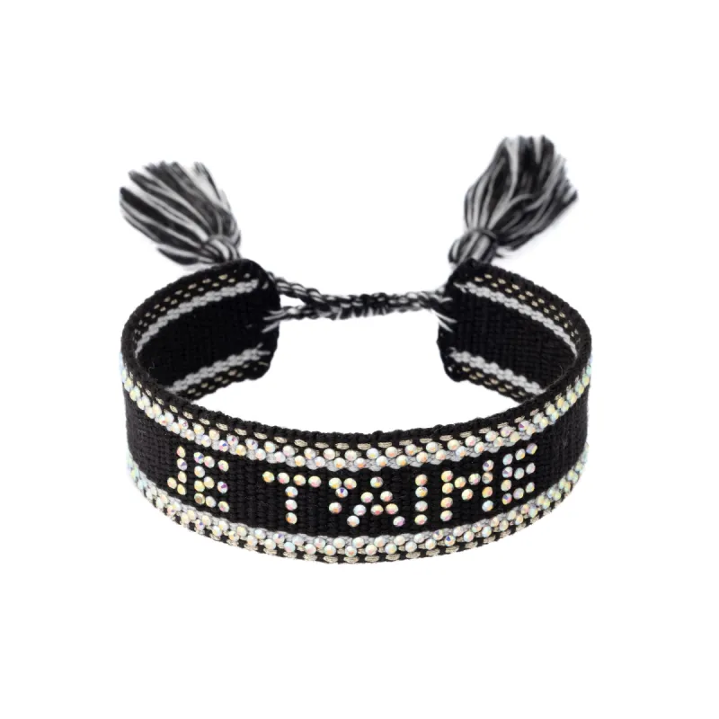 WOVEN FRIENDSHIP BRACELET W/CRYSTALS "Je T'aime" Black W/Gold sold by DARK Department