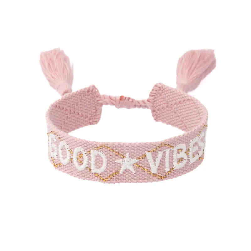 WOVEN FRIENDSHIP BRACELET "Good Vibes" Light Rose W/Gold sold by DARK Department