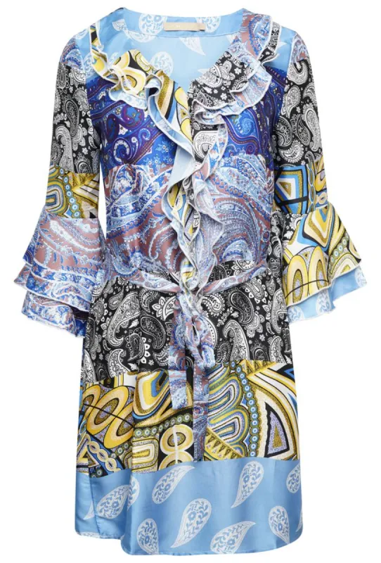 PAISLEY PRINT BELTED A-LINE MINI DRESS - BLUE sold by DB3 Online