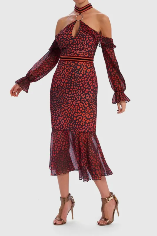 Roxanna Leopard Print Cold-Shoulder Contrast Ruffle Dress - Red sold by DB3 Online
