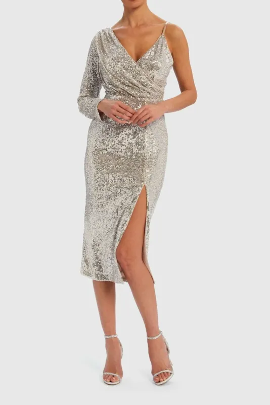 Yara Sequin One-Sleeved Midi Dress - Silver sold by DB3 Online