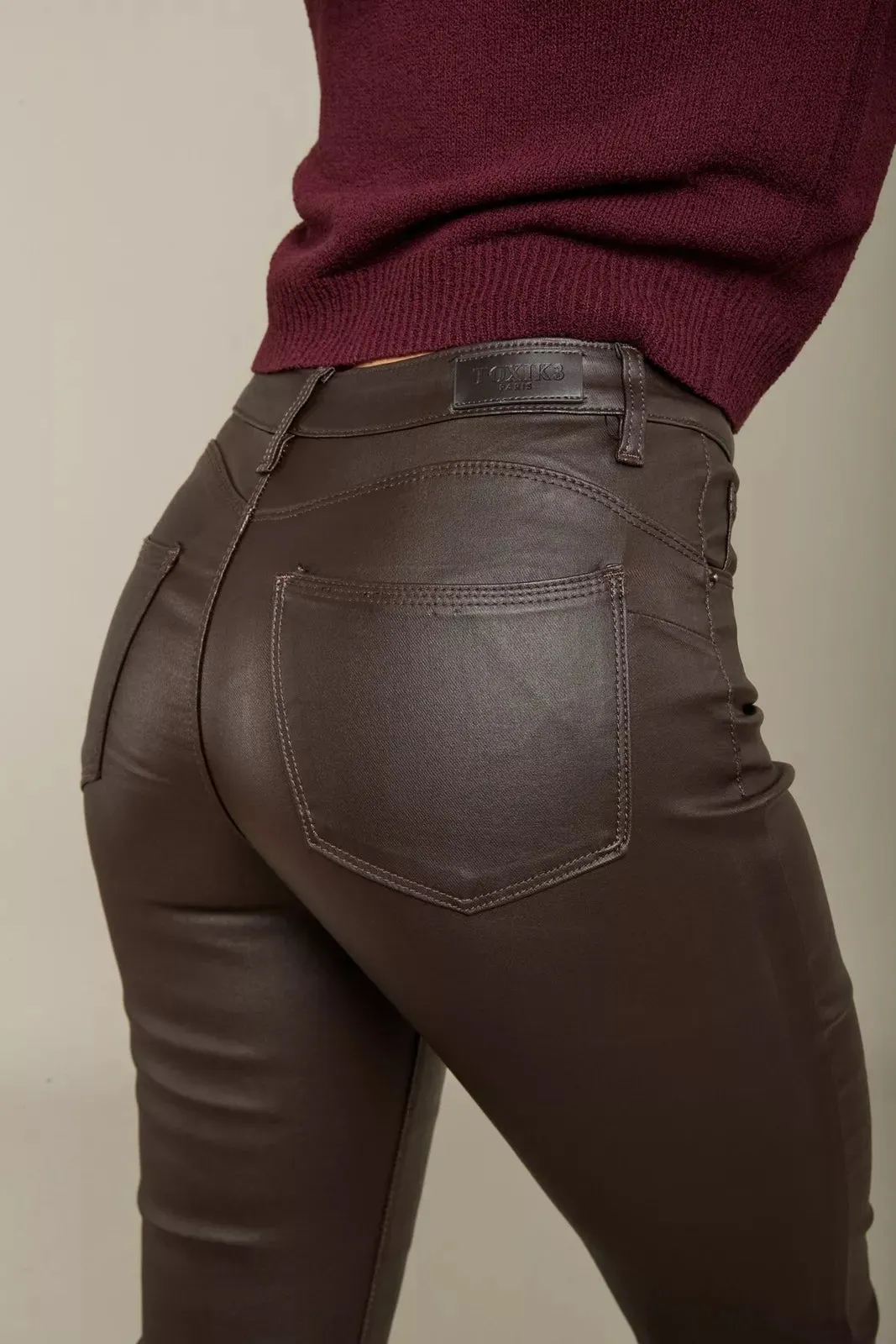 Toxik3 H2738-1 Matte Coated PU Straight Cut Jeans - Chocolate sold by DB3 Online product image thumbnail 5