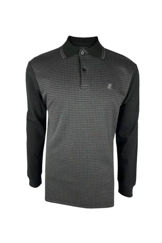 Trojan Houndstooth Panel Long Sleeve Polo - Black sold by DB3 Online