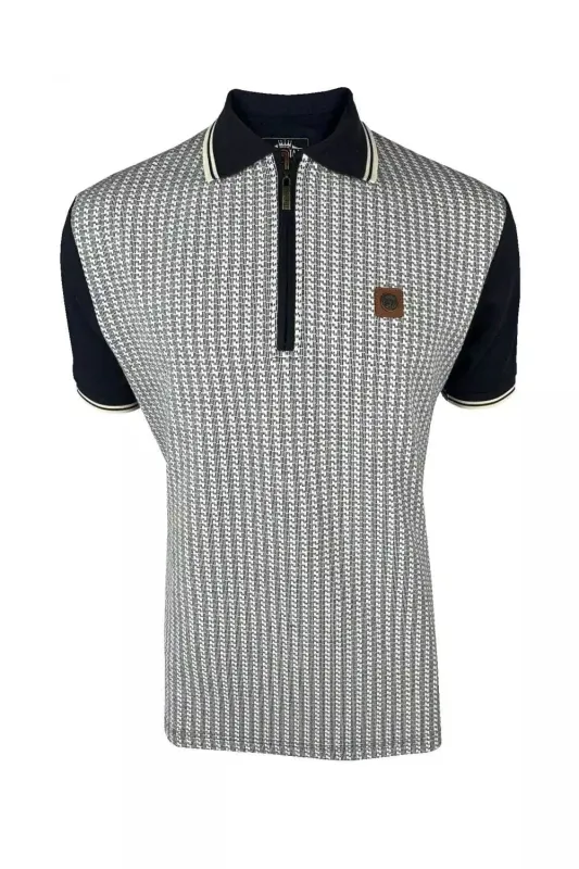 Trojan Textured Houndstooth Panel Polo Shirt - Navy sold by DB3 Online