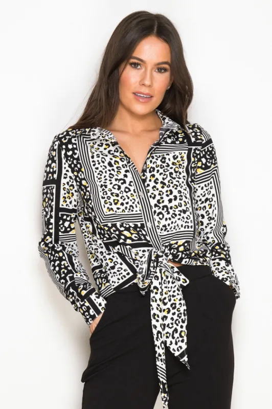 AEYSHA TIE FRONT BUTTON DOWN SHIRT - LIME LEOPARD PRINT made by DB3 Online