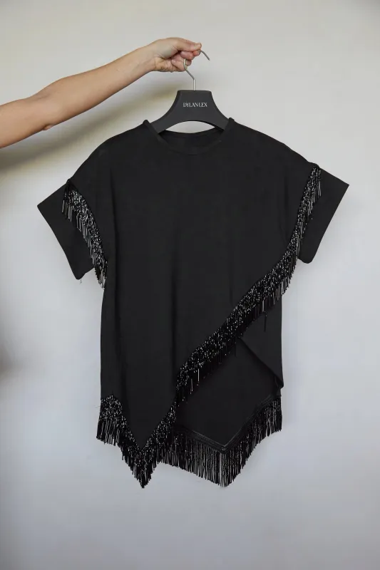Tete by Odette x DLEX Black T Shirt with Beaded Fringe made by DYLANLEX