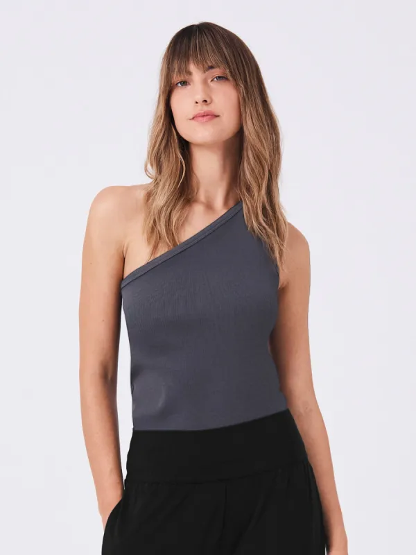 Asymmetric Organic Cotton Rib Tank - Charcoal sold by Dharma Bums
