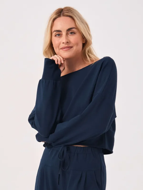 Wide Shoulder Raw Edge Sweat  - Navy sold by Dharma Bums