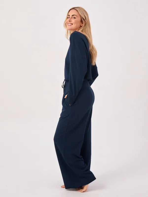 Off Shoulder Raw Edge Sweat  - Navy sold by Dharma Bums