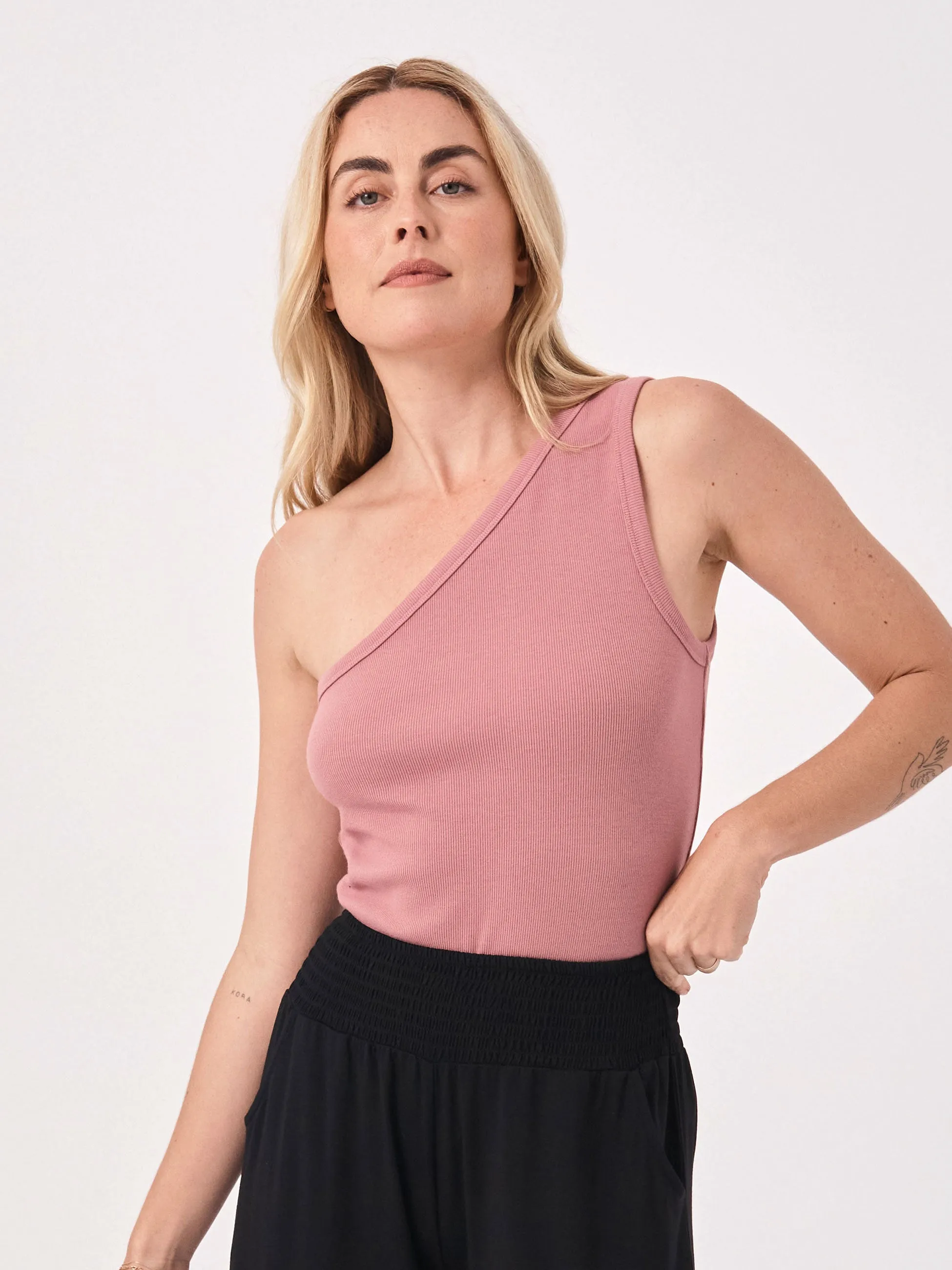Asymmetric Organic Cotton Rib Tank - Rosewater sold by Dharma Bums