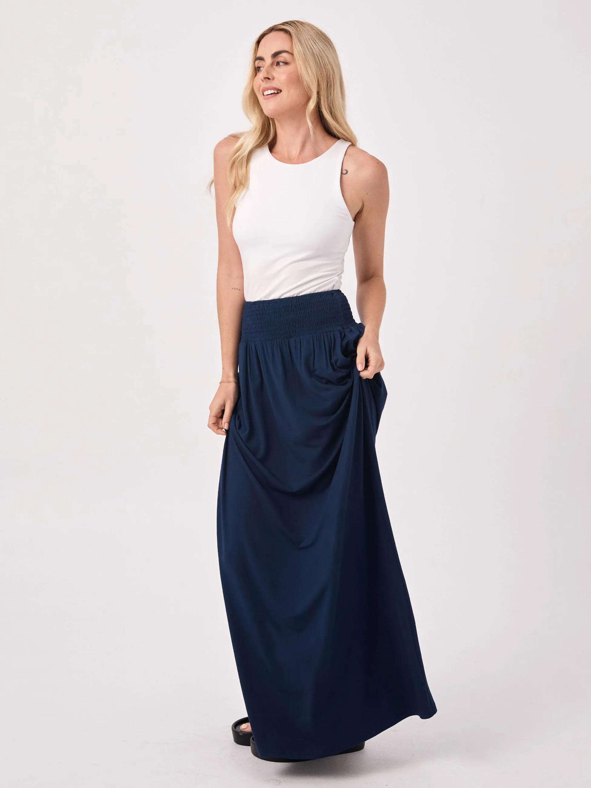 Bliss Rouched Waistband Skirt - Navy sold by Dharma Bums