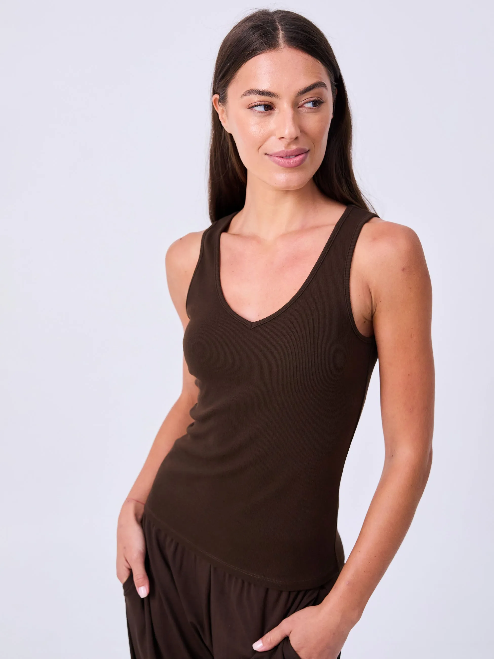V neck Rib Tank - Coffee Bean sold by Dharma Bums