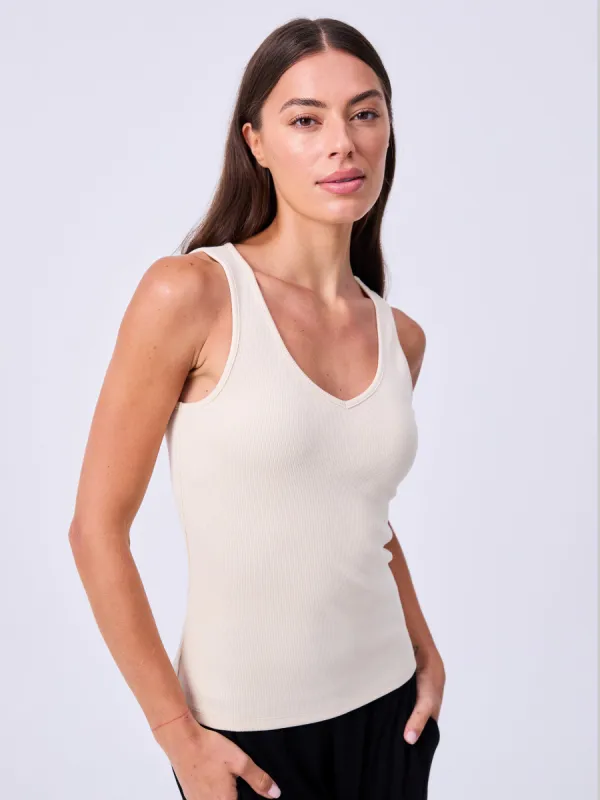 V neck Rib Tank - Chalk sold by Dharma Bums