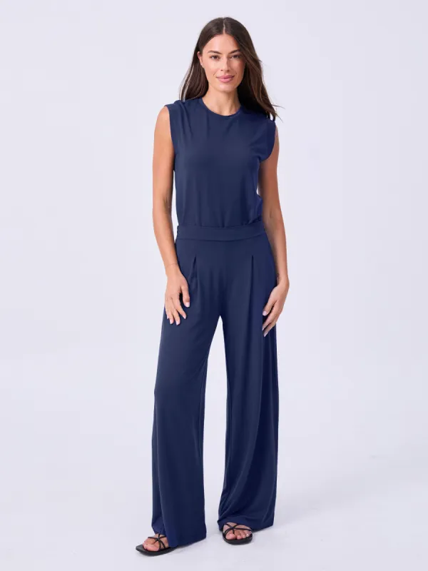 Pleat  Front Wide Leg Pants - Navy sold by Dharma Bums