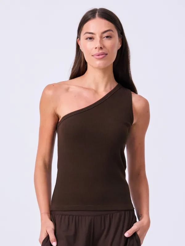 Asymmetric Organic Cotton Rib Tank - Coffee Bean sold by Dharma Bums