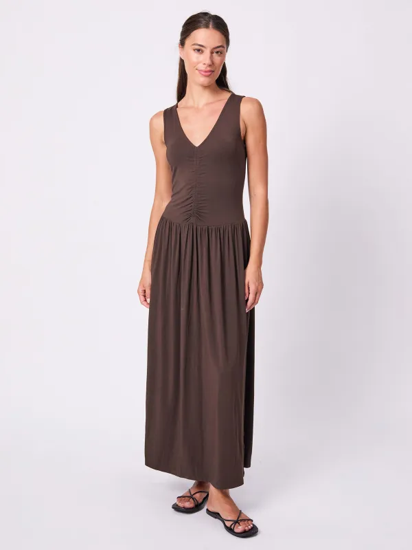 V Neck Rouch Dress - Coffee Bean sold by Dharma Bums