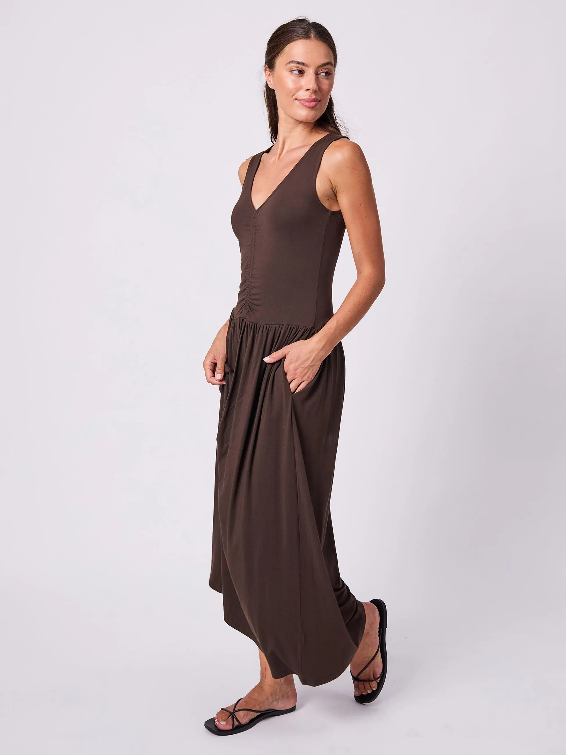 V Neck Rouch Dress - Coffee Bean sold by Dharma Bums product image thumbnail 3