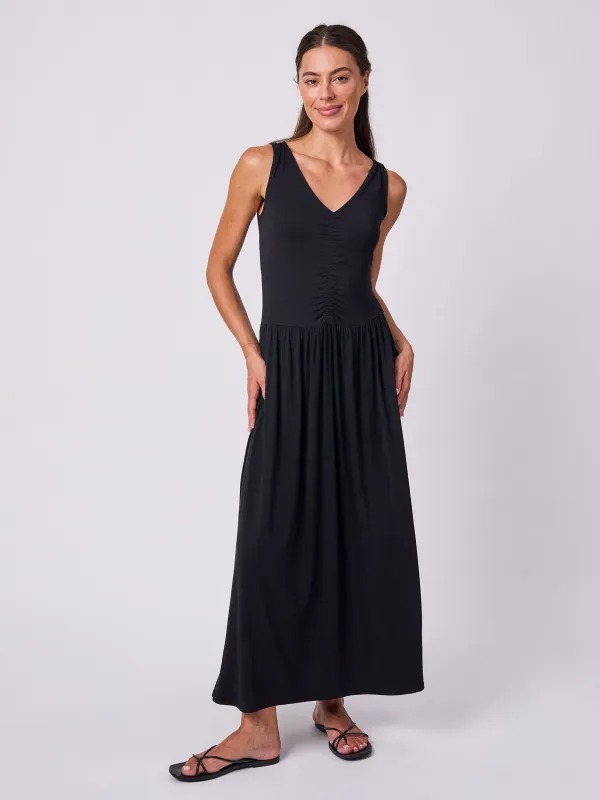 V Neck Rouch Dress - Black sold by Dharma Bums