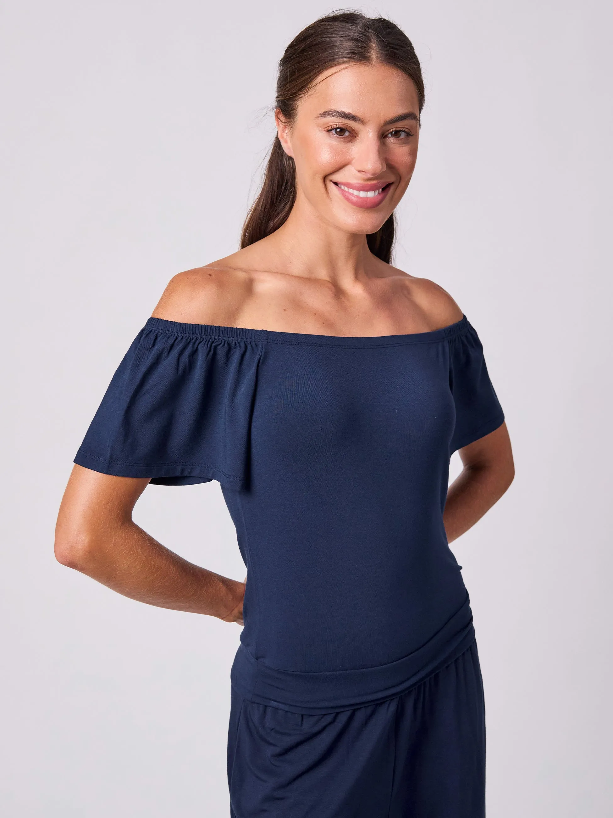 Off Shoulder Bell Sleeve Top - Navy sold by Dharma Bums