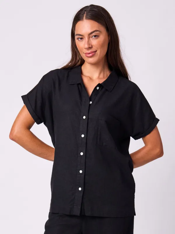 Linen Short Sleeve Cali Shirt - Black sold by Dharma Bums